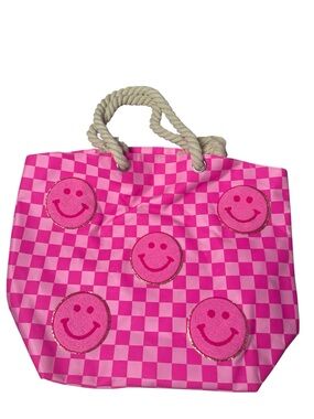 Pink Checkered Tote with Glitter Smiley face patches beach bag